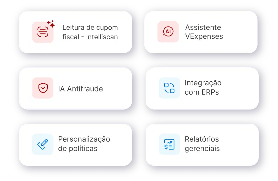 6 cards explicando as vantagens de usar VExpenses