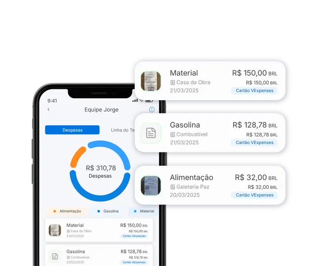 Tela de celular com o app VExpenses e 3 balões de informações sobre o app